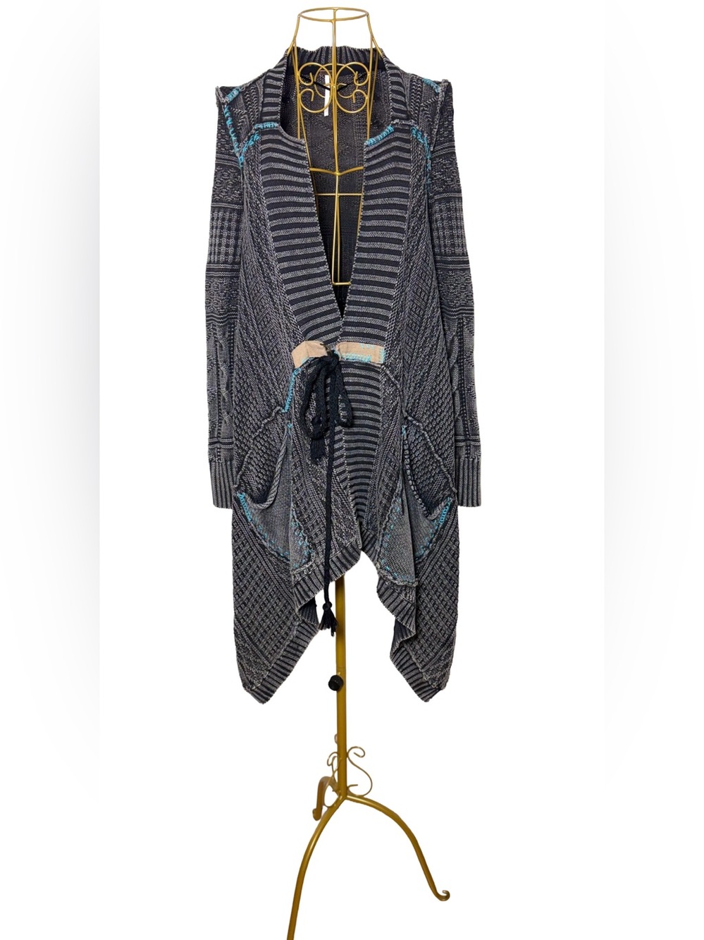 Free People Mixed Knit Waterfall Cardigan
Open Sweater, Tie Waist, Blue Gray, XS - Picture 10 of 16